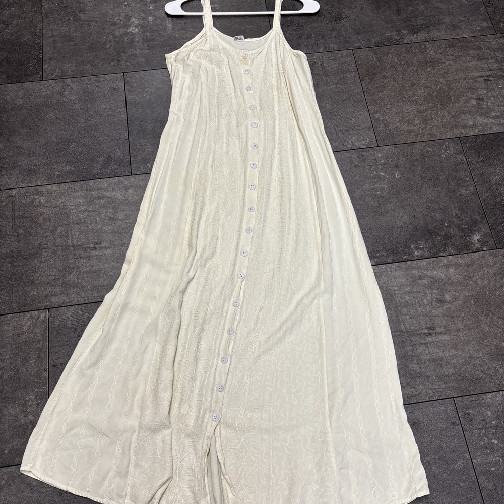VTG Cream Beige 90s Embroidered Boho Jumper Maxi Dress Rayon "Free Size" S-M-L